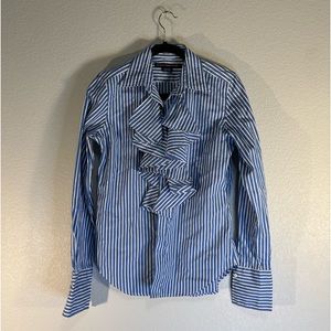 RALPH LAUREN Navy & White Pinstripes Ruffle Button Down Shirt / Long Sleeves 💙